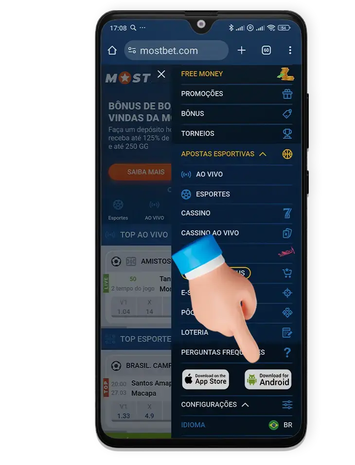 Passo 1 para instalar o aplicativo Mostbet no Android.